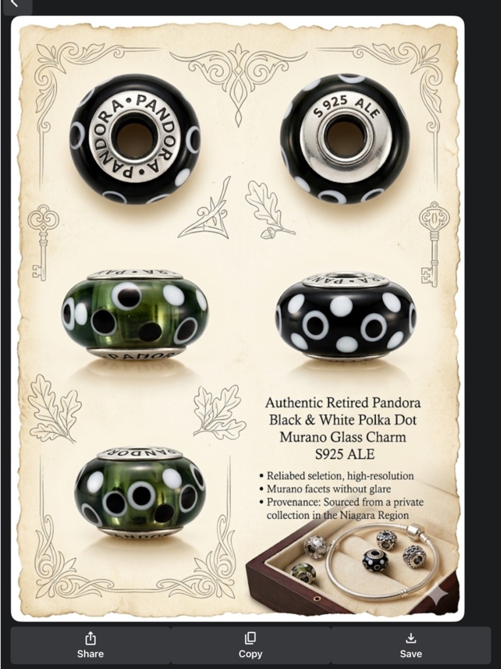 Pandora authentic retired,  Murano Glass Charm/ S 925 ALE(sterling silver core)